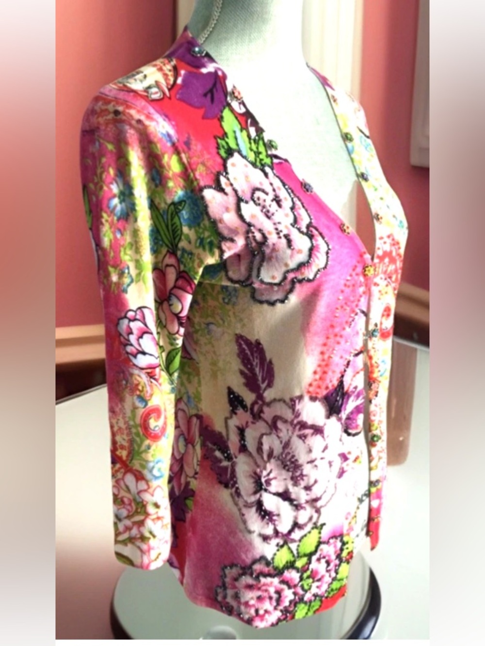 🌺ALBERTO MAKALI🌺 Floral Watercolor BEADED SEQUIN JEWEL 3/4 SLEEVE Cardigan